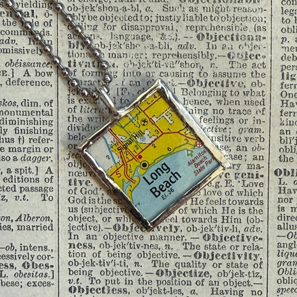 Long Beach and Santa Ana, CA vintage map, hand-soldered glass pendant