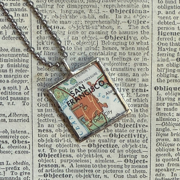 San Francisco, Oakland, vintage map, hand-soldered glass pendant