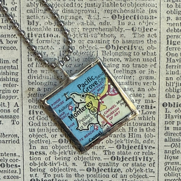 Monterey, CA vintage map, hand-soldered glass pendant