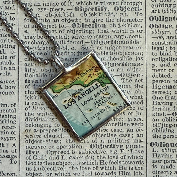 Los Angeles vintage map, hand-soldered glass pendant