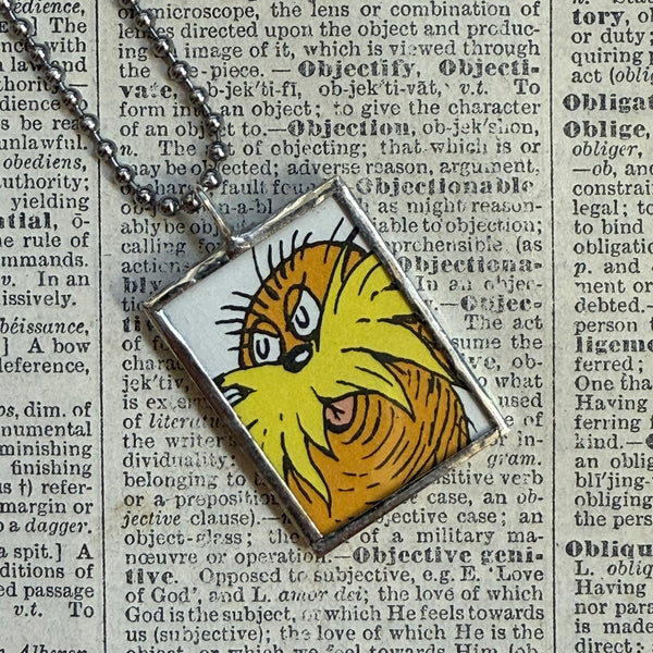 The Lorax, original illustrations from vintage book, up-cycled to soldered glass pendant