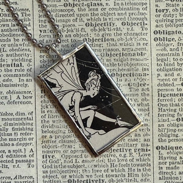 Fairies, vintage children's book illustration up-cycled to soldered glass pendant