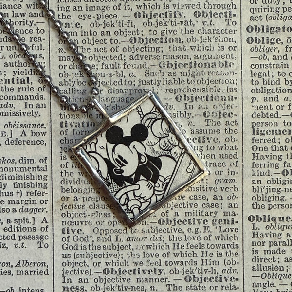 Mickey Mouse, vintage illustrations, up-cycled to soldered glass pendant