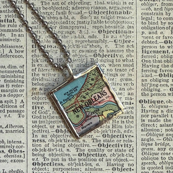 New Orleans vintage map, hand-soldered glass pendant
