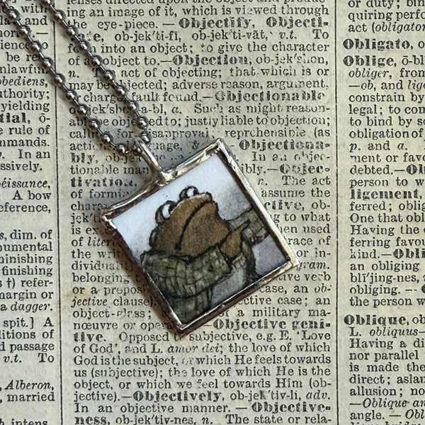 Frog and Toad, vintage children's book illustrations, up-cycled to soldered glass pendant
