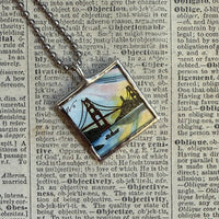 Bay Bridge, vintage San Francisco downtown images, upcycled hand soldered glass pendant