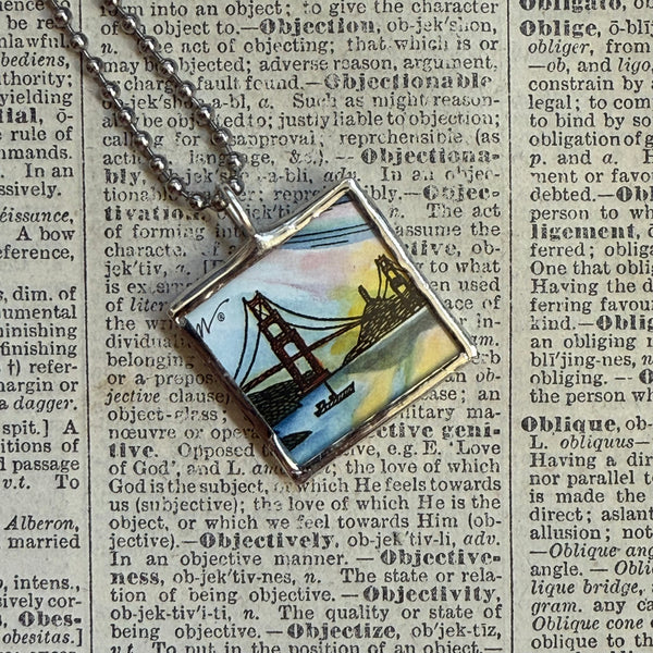 Bay Bridge, vintage San Francisco downtown images, upcycled hand soldered glass pendant