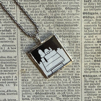 Snoopy, comic strip illustrations from vintage Peanuts book, up-cycled to hand-soldered glass pendant