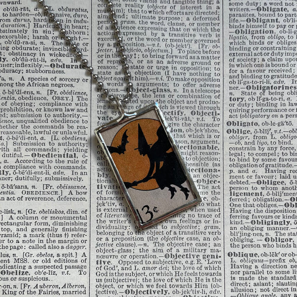 Witch and bat, full moon, vintage halloween illustrations up-cycled to soldered glass pendant