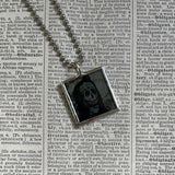 Skeleton, skull, vintage halloween illustrations up-cycled to soldered glass pendant