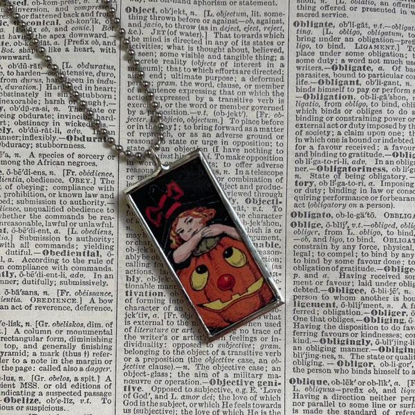 Witch, jack o lantern, vintage halloween illustrations up-cycled to soldered glass pendant