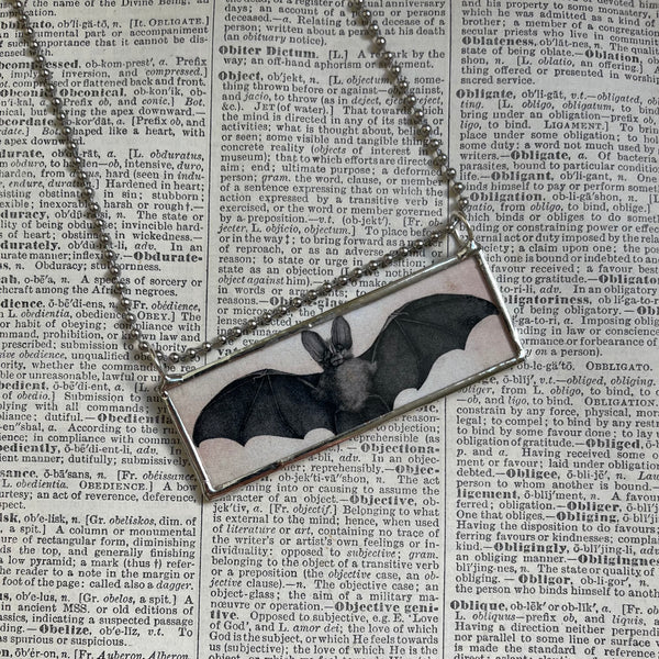 Vampire bat, vintage illustration, skeletons, up-cycled to hand-soldered glass pendant