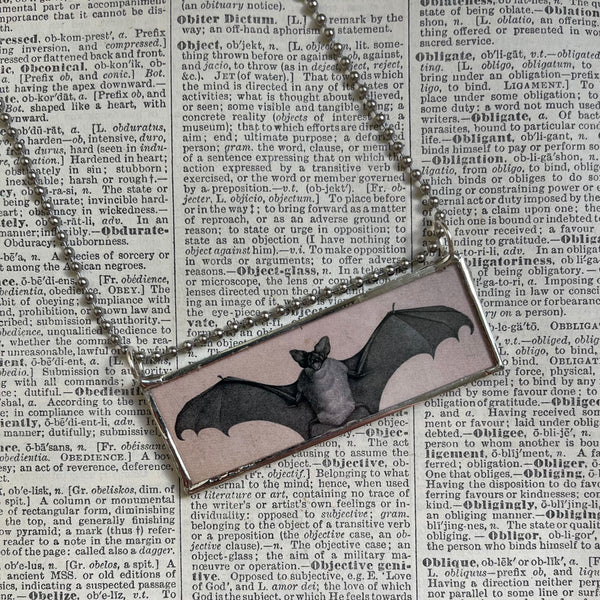 Vampire bat, vintage illustration, skeletons, up-cycled to hand-soldered glass pendant