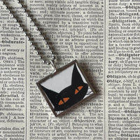 Black Cat, Jack o lantern, vintage halloween illustrations up-cycled to soldered glass pendant