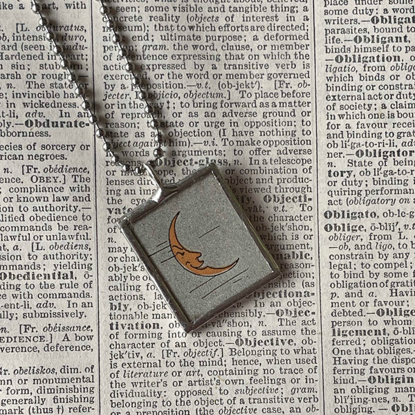 Moon and Sun, vintage 1930s children's book illustrations up-cycled to soldered glass pendant
