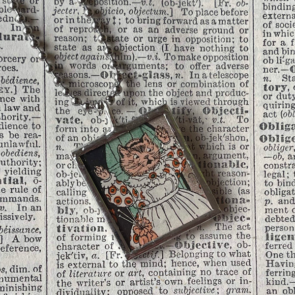 Mamma cat, vintage 1930s children's book illustrations up-cycled to soldered glass pendant