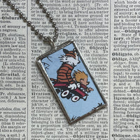 Calvin & Hobbes, original vintage comic book illustrations, upcycled to soldered glass pendant