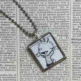 Calvin & Hobbes, original vintage comic book illustrations, upcycled to soldered glass pendant