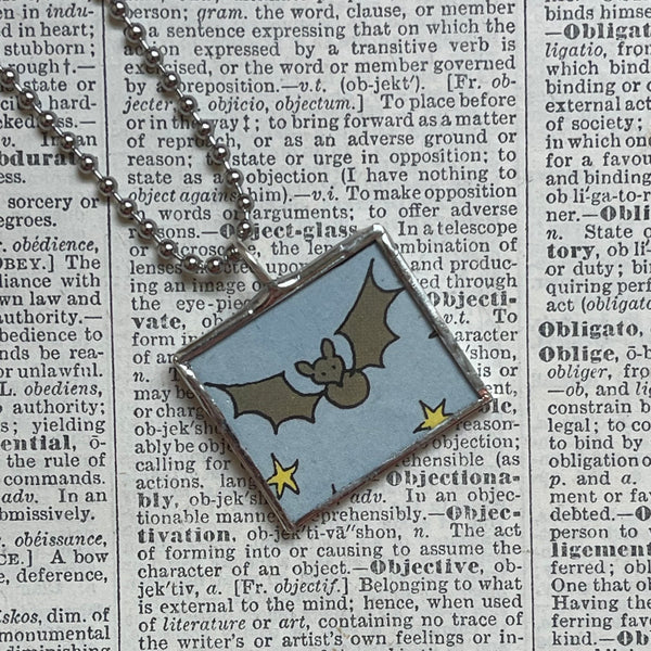 Bat, pumpkin, vintage children's book illustrations up-cycled to soldered glass pendant