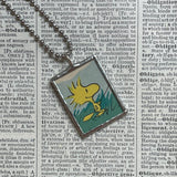 Snoopy, Woodstock, comic strip illustrations from vintage Peanuts book, up-cycled to hand-soldered glass pendant