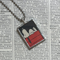 Snoopy, Woodstock, comic strip illustrations from vintage Peanuts book, up-cycled to hand-soldered glass pendant