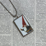 Gnome, fly red spotted mushroom vintage book illustrations up-cycled to soldered glass pendant