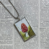 Gnome, fly red spotted mushroom vintage book illustrations up-cycled to soldered glass pendant