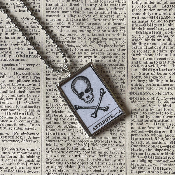 Skeleton / Skull, vintage illustrations up-cycled to soldered glass pendant