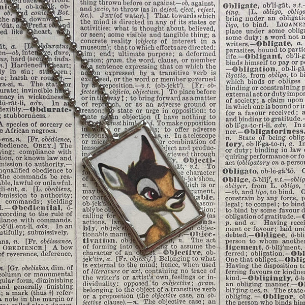 Bambi, Flower, original illustrations from vintage book, up-cycled to soldered glass pendant