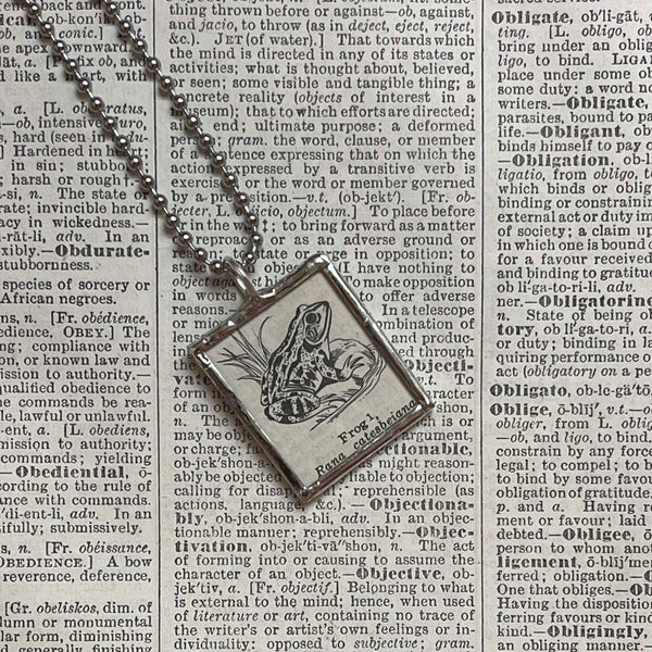 Frog, vintage 1930s dictionary illustration, up-cycled to hand-soldered glass pendant