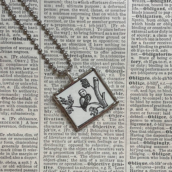 Owl, Black bird, vintage woodcut illustrations up-cycled to soldered glass pendant