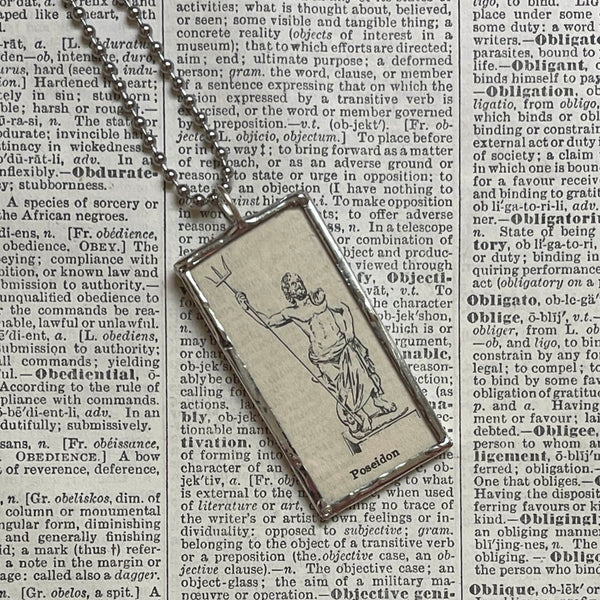 Poseidon, ancient Roman, Greek Mythology, vintage dictionary illustration, hand soldered glass pendant, upcycled to soldered glass pendant