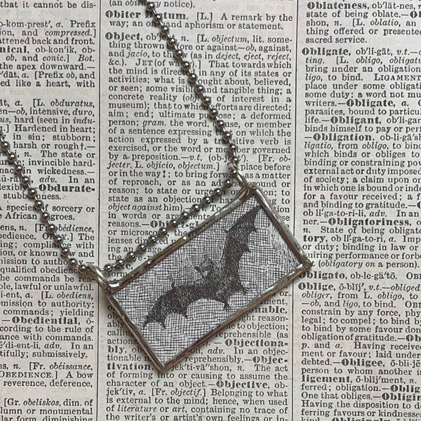 Vampire bat, vintage illustration, up-cycled to hand-soldered glass pendant