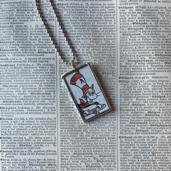 Cat in the Hat, original illustrations from vintage book, up-cycled to soldered glass pendant