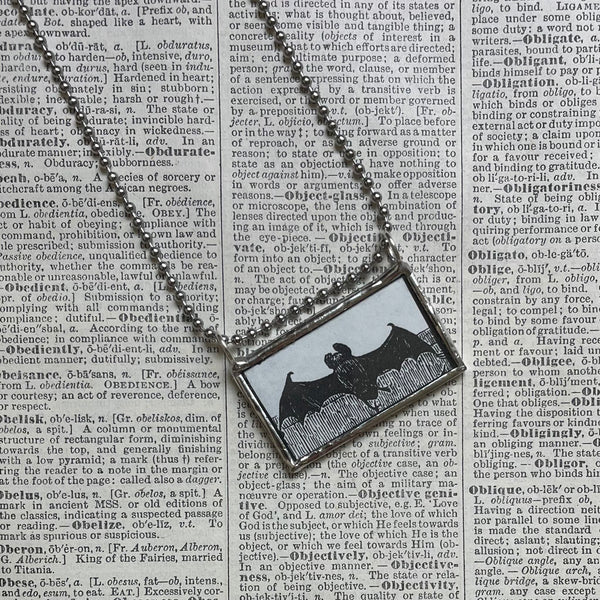 Gorey bats, vintage book illustrations, hand-soldered glass pendant