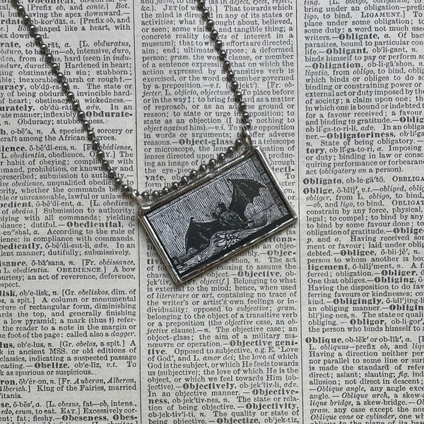 Gorey frog and bat, vintage book illustrations, hand-soldered glass pendant