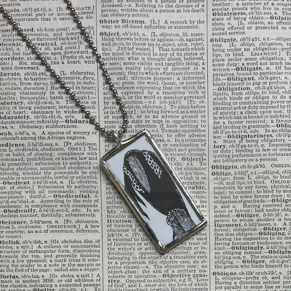 Gorey, Raven, boy, vintage book illustrations, hand-soldered glass pendant