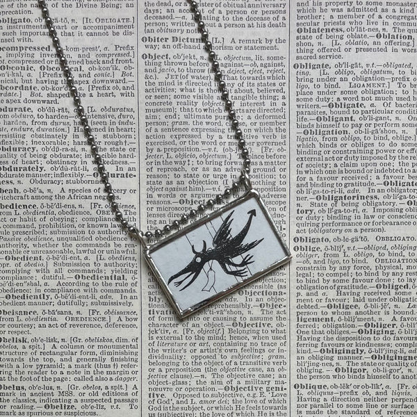 Gorey demon, vintage book illustrations, hand-soldered glass pendant