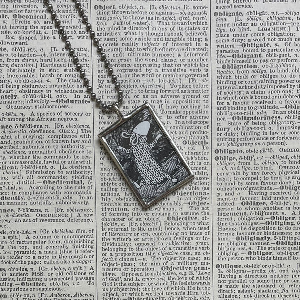 Gorey critter, vintage book illustrations, hand-soldered glass pendant