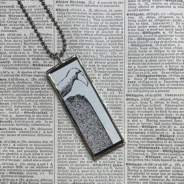 Gorey, Bird, Gravestone, vintage book illustrations, hand-soldered glass pendant