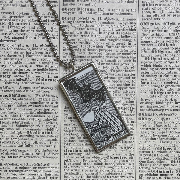 Gorey critter, bat, vintage book illustrations, hand-soldered glass pendant