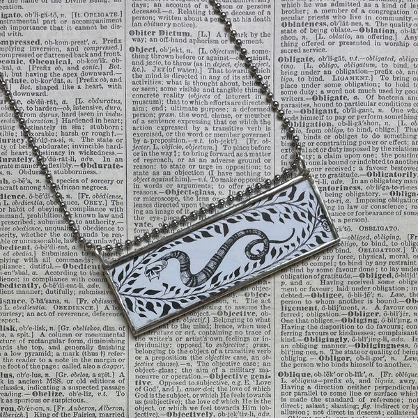 Gorey Snake, Lizard, vintage book illustrations, hand-soldered glass pendant