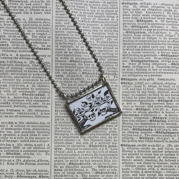 Gorey, Skeletons, vintage book illustrations, hand-soldered glass pendant