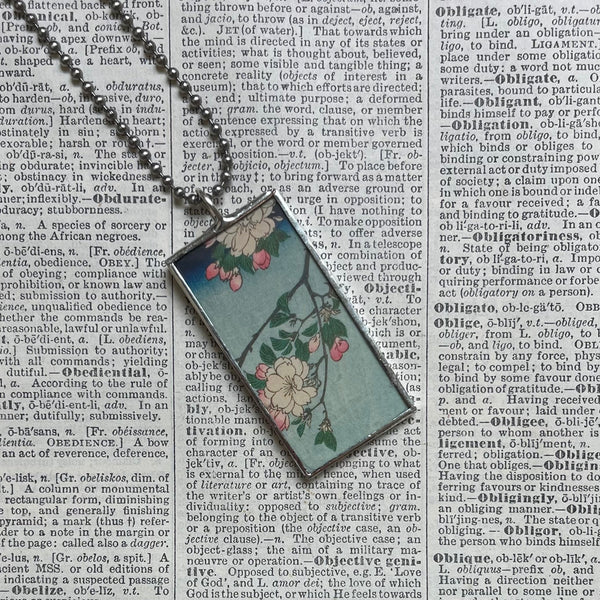 Mountains, lake, blossoms, Japanese woodblock prints, up-cycled to hand-soldered glass pendant