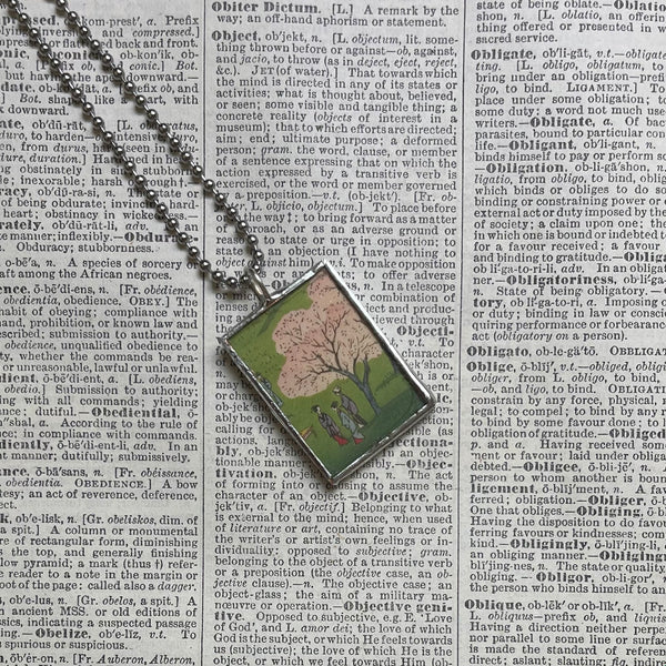 Mountains, lake, blossoms, Japanese woodblock prints, up-cycled to hand-soldered glass pendant