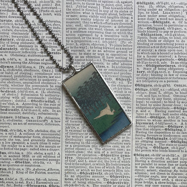 Crane, cherry blossoms, Japanese woodblock prints, up-cycled to hand-soldered glass pendant