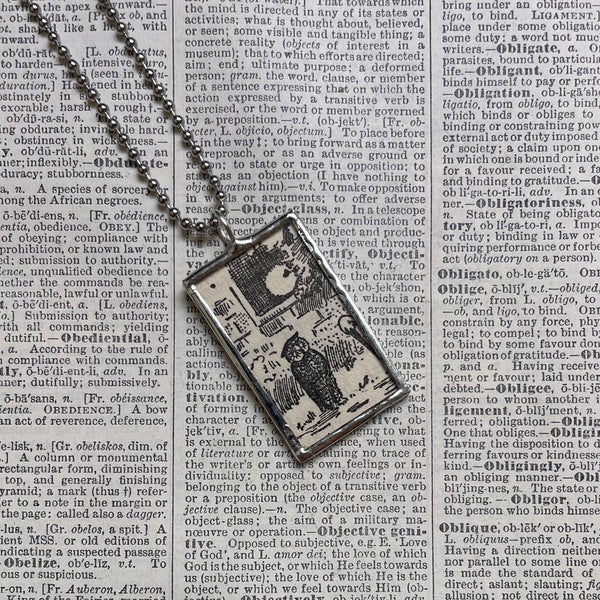 Owls, vintage 1930s children's book illustrations up-cycled to soldered glass pendant