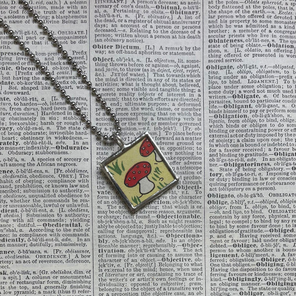 Mushrooms, tiny bird, children's book illustration up-cycled to soldered glass pendant