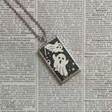 Skull, ghosts, vintage Halloween card illustrations, hand-soldered glass pendant