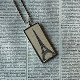 Paris France, Eiffel Tower, hand-soldered glass pendant, vintage perfume advertising illustrations,  upcycled to soldered glass pendant